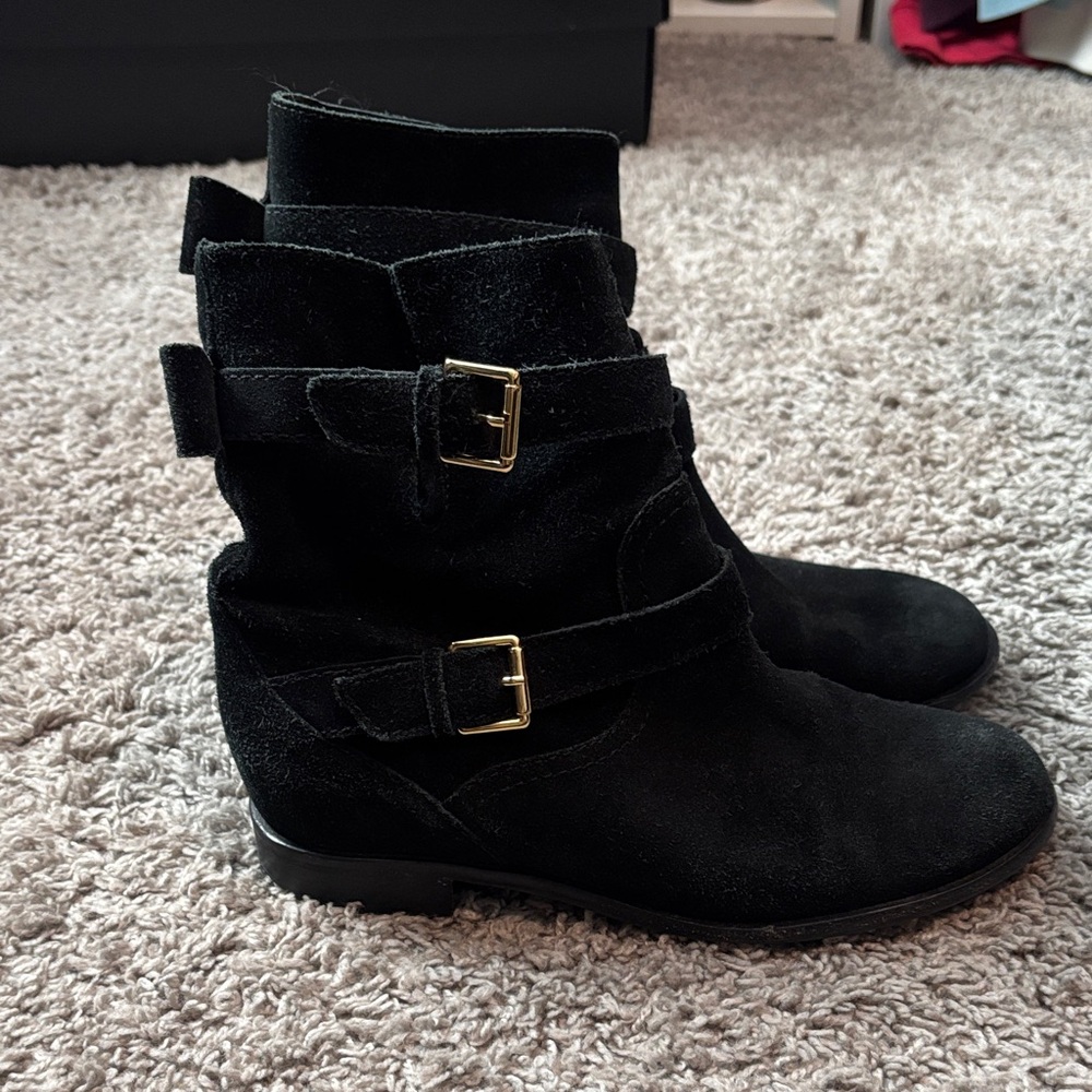 kate spade Black Suede Double Buckle Ankle Boots